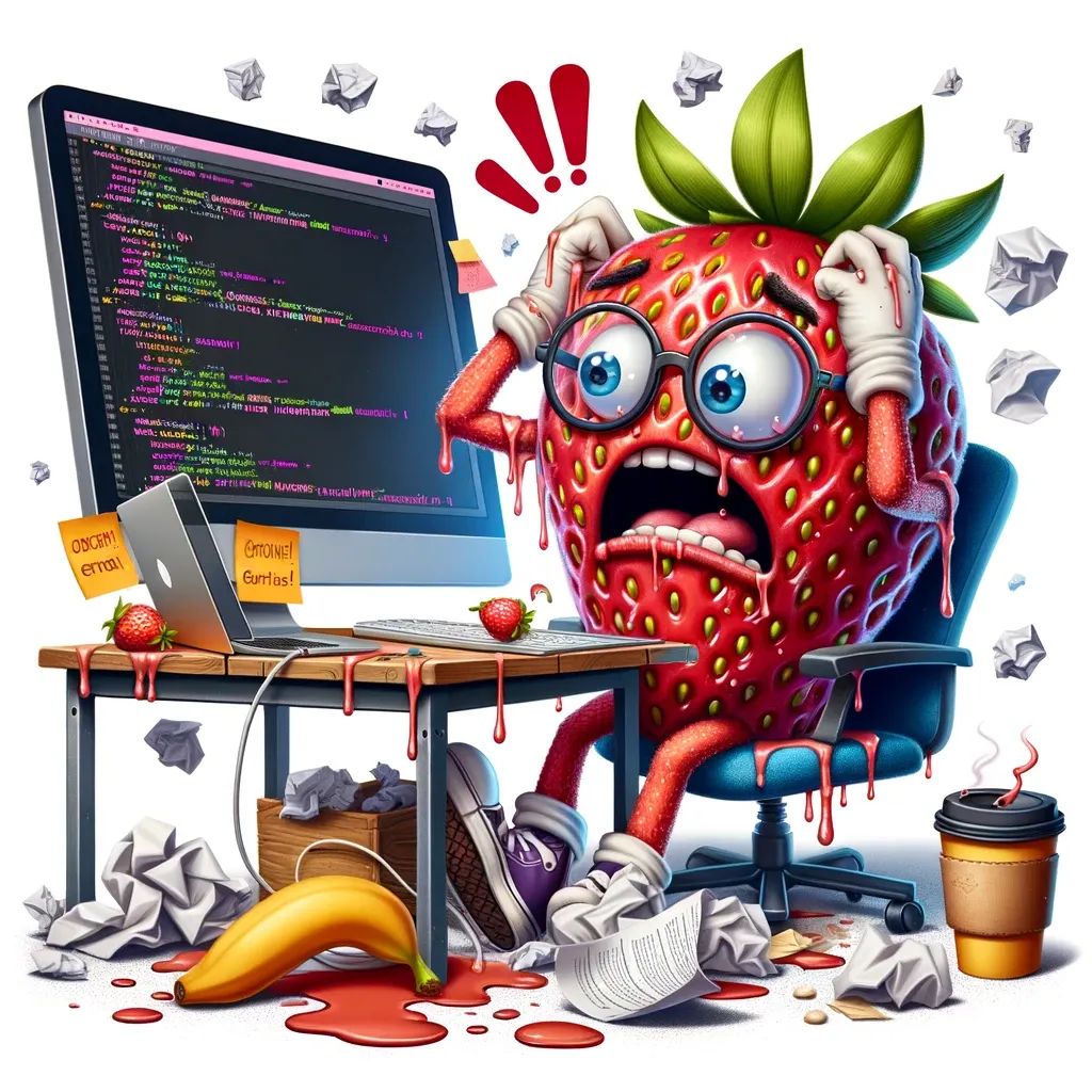 Cartoon strawberry character stressed while coding